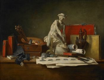 Les attributs des arts et leurs récompenses (1766) - une œuvre allégorique qui démontre la capacité de Chardin à élever le genre de la nature morte au niveau du symbolique. Cette version du tableau, conservée au Minneapolis Institute of Art, est une copie réalisée par Chardin d'après la version originale commandée par Catherine la Grande.