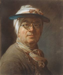 En raison de la baisse de sa vue, Chardin s'est tourné vers les pastels au cours de la dernière décennie de sa vie, réalisant un certain nombre d'autoportraits tels que l'Autoportrait à la visière (vers 1776).