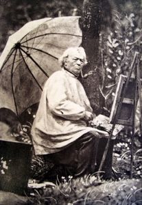 Corot avec son chevalet, peignant en plein air. A partir de L'Album des photographies dans l'intimité de personnages illustrés, 1845-1890.