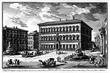 Représentation par Giuseppe Vasi du Palazzo Farnese à Rome (1513-1546) conçu par Antonio de Sangallo le Jeune selon une division tripartite mathématiquement stricte. Le bâtiment est encore utilisé aujourd'hui.