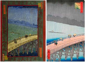 En tant qu'autodidacte, Vincent van Gogh copiait souvent des images pour les étudier. Dans son Pont sous la pluie (d'après Hiroshige) (1887), il a accentué les contrastes de couleurs et ajouté un cadre peint fantaisiste, mais a conservé la composition de l'original Douche soudaine sur le pont de Shin-Ōhashi et Atake, comme le montre l'image de droite.