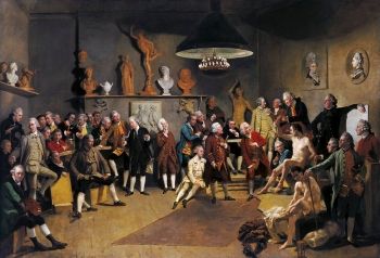 Les académiciens de l'Académie royale par Johan Joseph Zoffany (1771-72). On peut y voir que les fondateurs masculins de l'Académie sont tous présents en personne, tandis que les deux fondatrices, dont Kauffman, sont représentées par des peintures sur le mur.