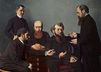 Les cinq peintres" comprenant Félix Vallotton, Ker-Xavier Roussel, Pierre Bonnard, Édouard Vuillard et Charles Cottet. Peinture de Félix Vallotton