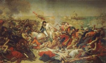 La Bataille d'Akoubir (1799) d'Antoine-Jean Gros, centrée sur le général Joachim-Napoléon Murat, a été présentée au Salon de 1806 par Gros qui a décrit comment le général s'est dressé contre les Ottomans venus "couper les têtes des soldats français laissés morts ou blessés sur le champ de bataille".