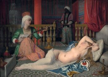 L'Odalisque à l'esclave (1839) de Jean-Aguste-Dominique Ingres montre non seulement un sujet orientaliste, mais aussi une hiérarchie sociale européenne correspondant à la couleur de la peau, du nu européen au musicien à la peau olivâtre, en passant par le garde maure.