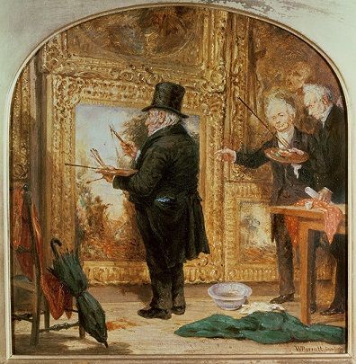 JMW Turner à la Royal Academy, Varnishing Day (1846) par William Parrot représente Turner au moment infâme où il met une éclaboussure rouge de peinture sur sa toile pour un meilleur effet.