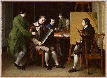L'école américaine (1765) de Matthew Pratt montre Benjamin West et ses élèves. L'artiste ouvrait ses portes aux artistes américains voyageant à l'étranger, les logeant et leur donnant des cours en atelier.