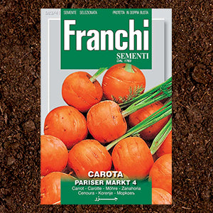 A packet of parisian carrot seeds sits on soil