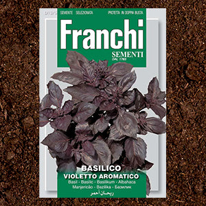 A packet of purple basil seeds sits on soil