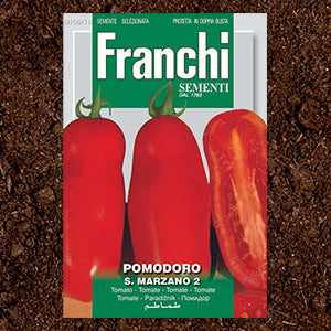 Packet of plum tomato seeds on soil