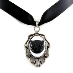 Black Owl Cameo Pendant with Satin Choker Necklace