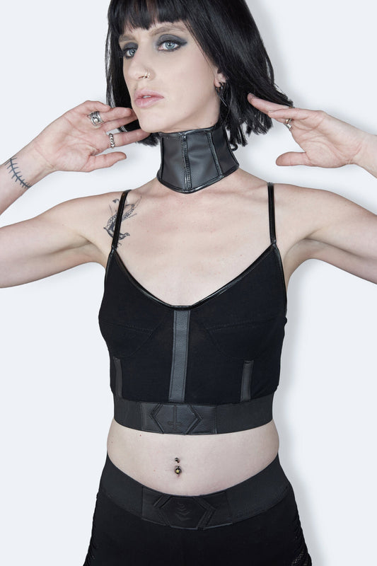 Leather harness laser engraved crop top sports bra – Agoraphobix