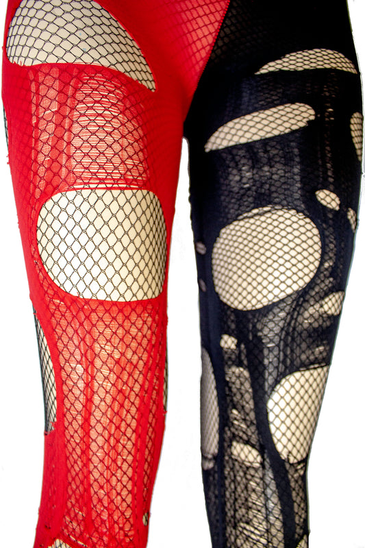 Double layered torn Dark Red  Black fishnet tights – Agoraphobix