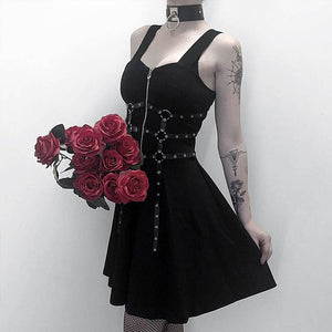 women's dress eyelet web zipper harajuku black mini dresses grunge Summer  sleeveless backless a-line sexy punk rock