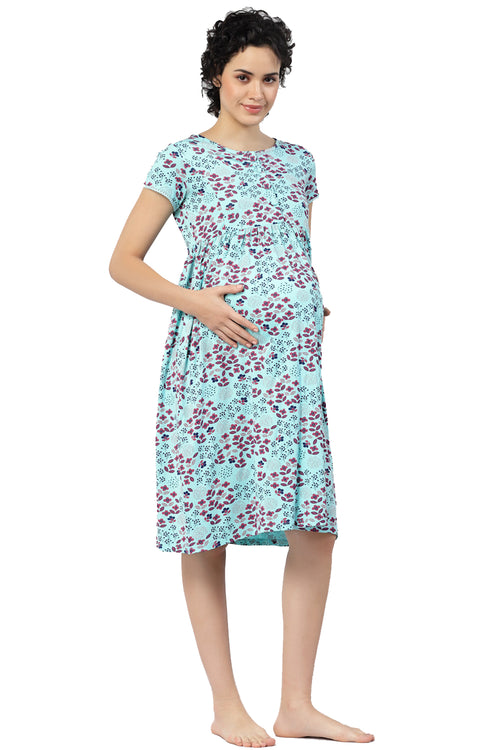 Organic Cotton Maternity Calf-length Nighty-ISML014-Green Print