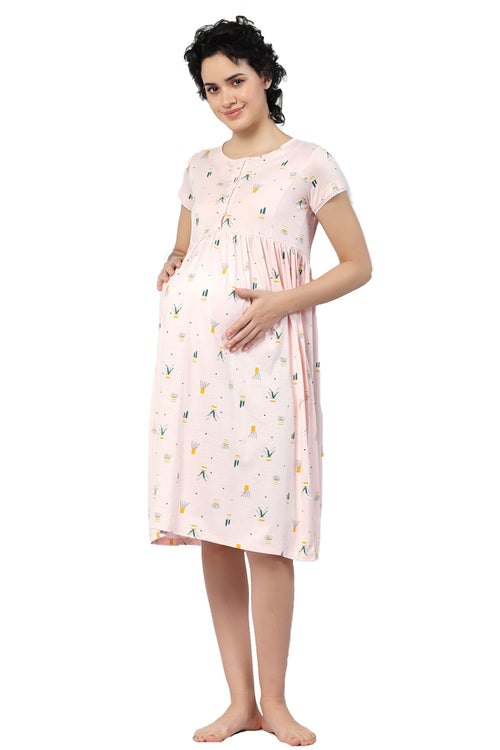 Organic Cotton Maternity Calf-length Nighty-ISML015-Pink Dogwood