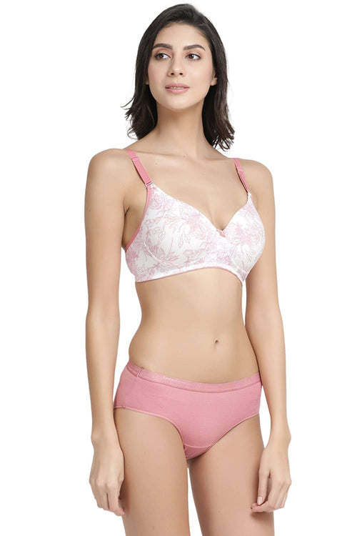 Organic Cotton Antimicrobial Soft Laced Bra & Panty Set-ISBP017-Peachy Pink