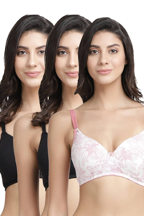 Organic Cotton  Antimicrobial Wire-free Padded Bra (Pack of 3)-ISB068-Black_Black_Coral Pink-