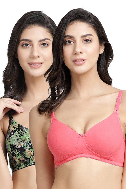 Organic Cotton  Antimicrobial Wire-free Padded Bra (Pack of 2)-ISB068-Bright Pink_Jungle Print-