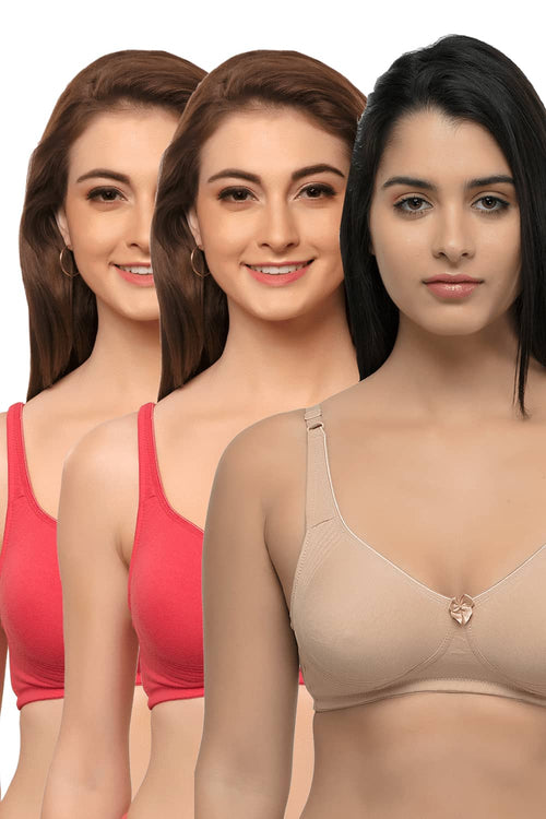 Organic Cotton  Antimicrobial  Seamless Side Support Bra (Pack of 3)-ISB057-B.Pink_B.Pink_Skin-