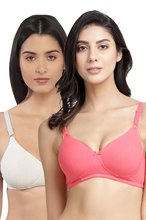 Organic Cotton  Antimicrobial Wire-free Padded Bra (Pack of 2)-ISB068-Bright Pink_M.White-