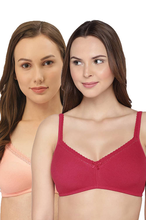 Organic Cotton Antimicrobial Soft Laced Bra (Pack of 2)-ISB017-Peach_Maroon-