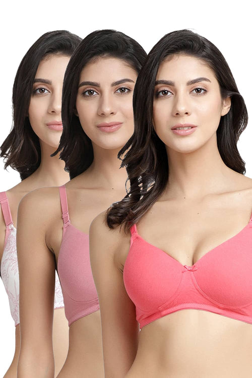 Organic Cotton  Antimicrobial Wire-free Padded Bra (Pack of 3)-ISB068-B.Pink_Coral Pink_Mauve-