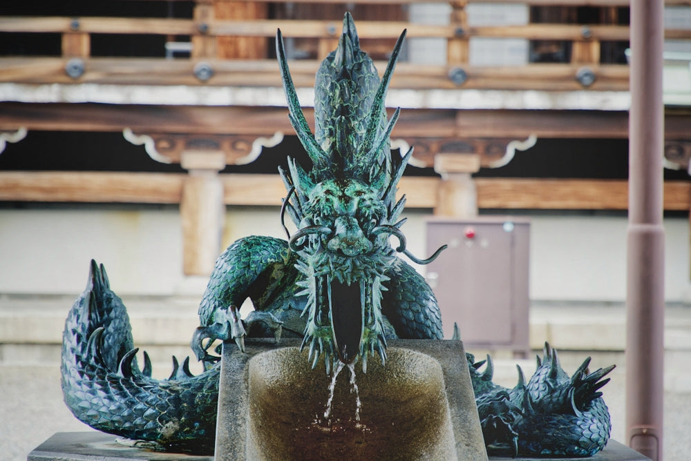 Greenish patina on a dragon statue in a Japanese temple
