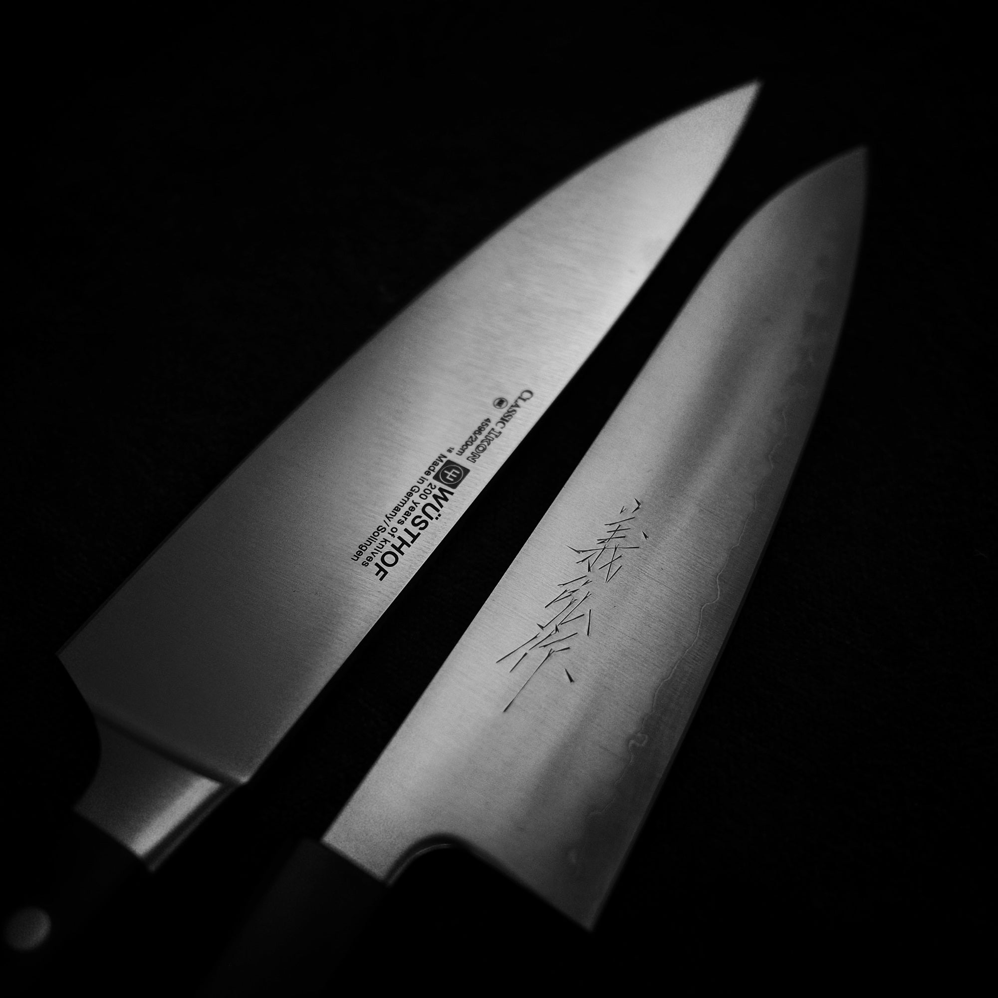 a wusthof chef's knife and a Yoshihiro gyuto knife