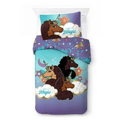 Afro Unicorn Kids 2-Piece Twin/Full Reversible Comforter and Pillowcase Bedding Set, Microfiber, Purple, Afro Unicorn
