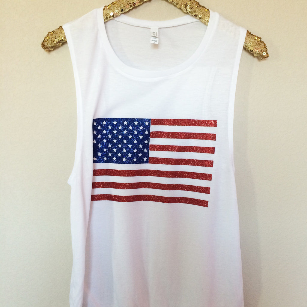 American Flag - Glitter - Muscle Tank - Ruffles with Love - Womens Fit