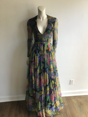1960s Black Multicolored Printed Silk Net Evening gown size 2 - Sophia's Gallery