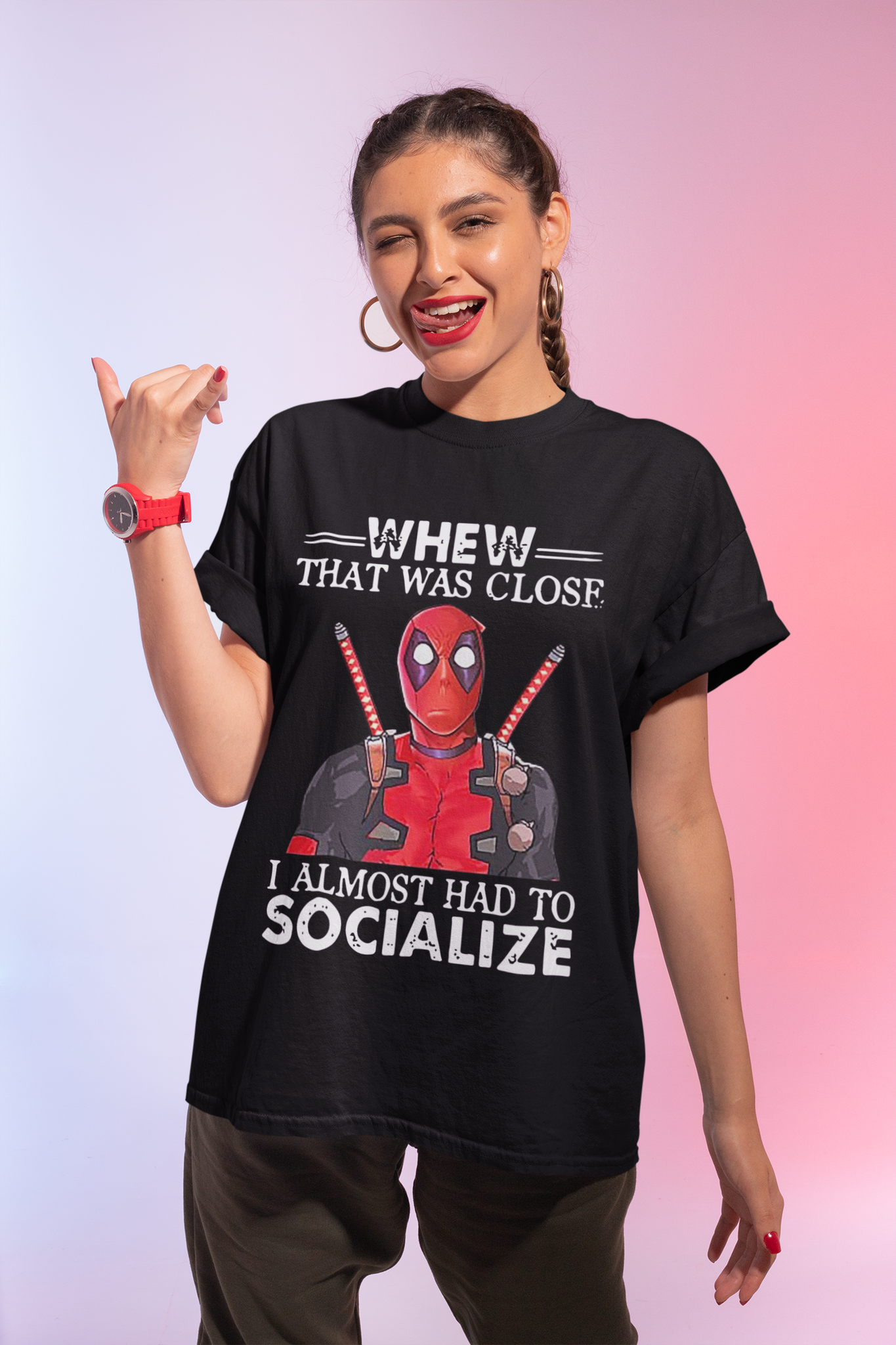 Deadpool T Shirt, Whew That Was Close I Almost Had To Socialize Tshirt, Superhero Deadpool T Shirt