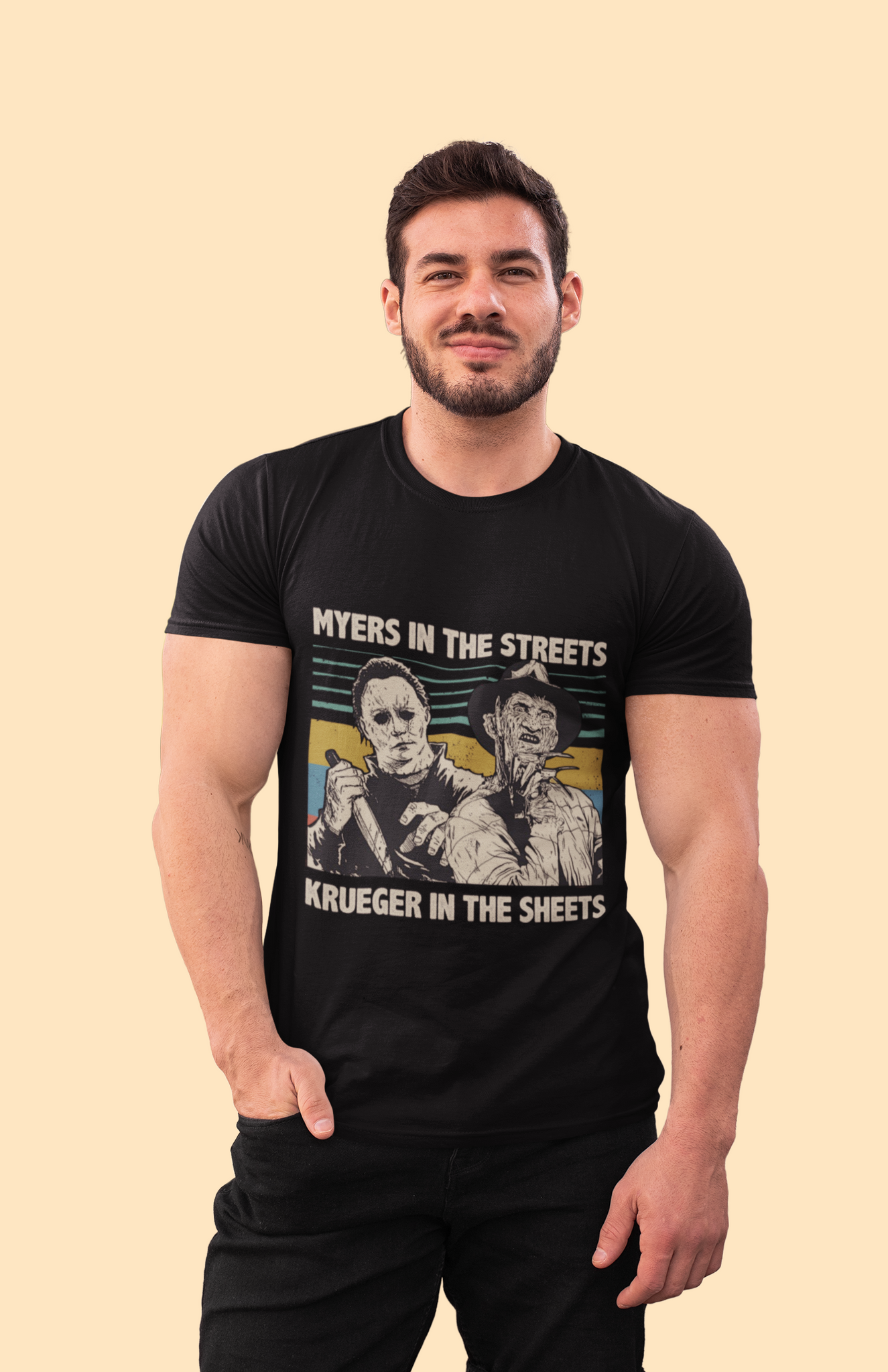 Horror Movie Characters Vintage T Shirt, Myers In The Street Krueger In The Sheets Tshirt, Myers Krueger T Shirt, Halloween Gifts