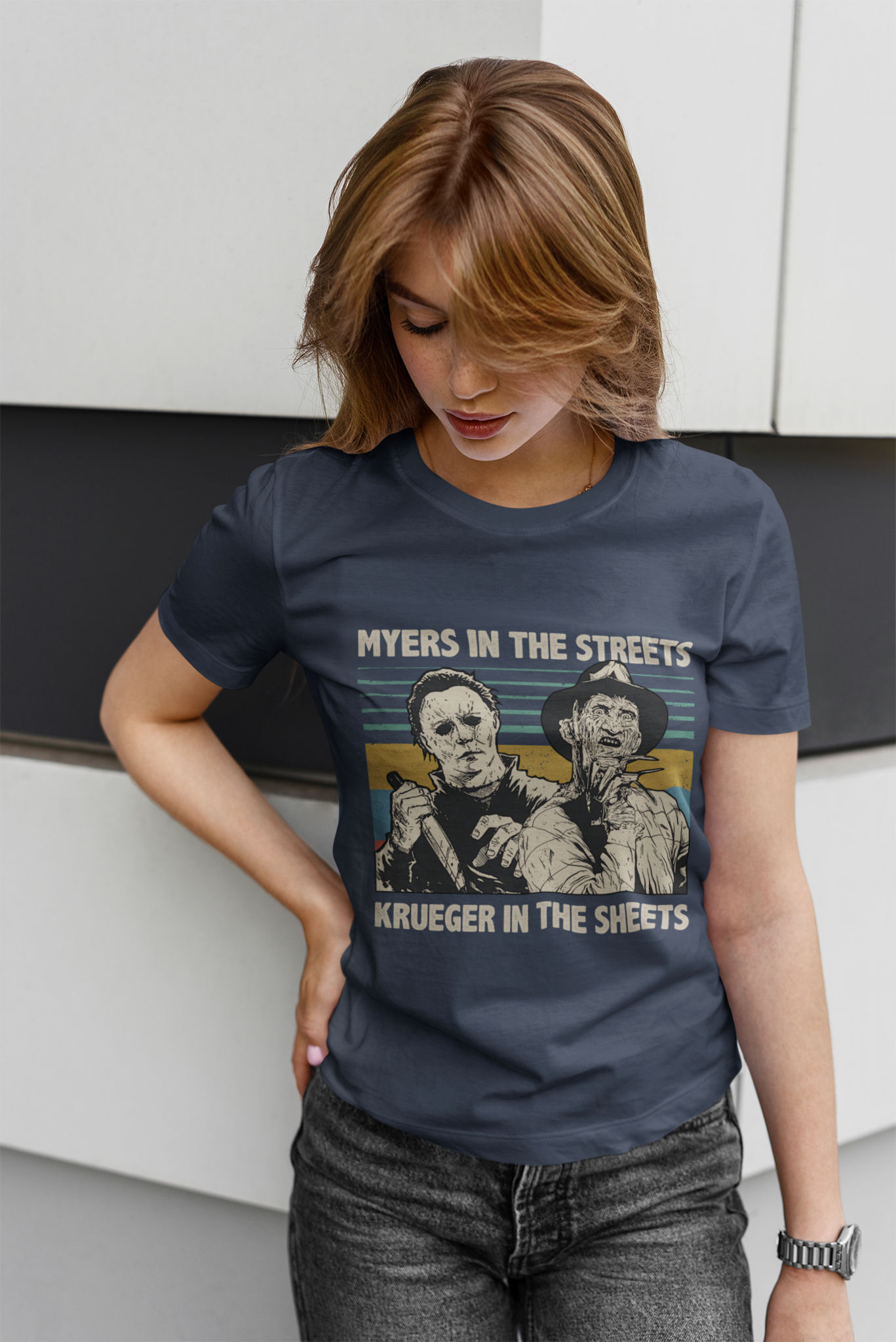 Horror Movie Characters Vintage T Shirt, Myers In The Street Krueger In The Sheets Tshirt, Myers Krueger T Shirt, Halloween Gifts
