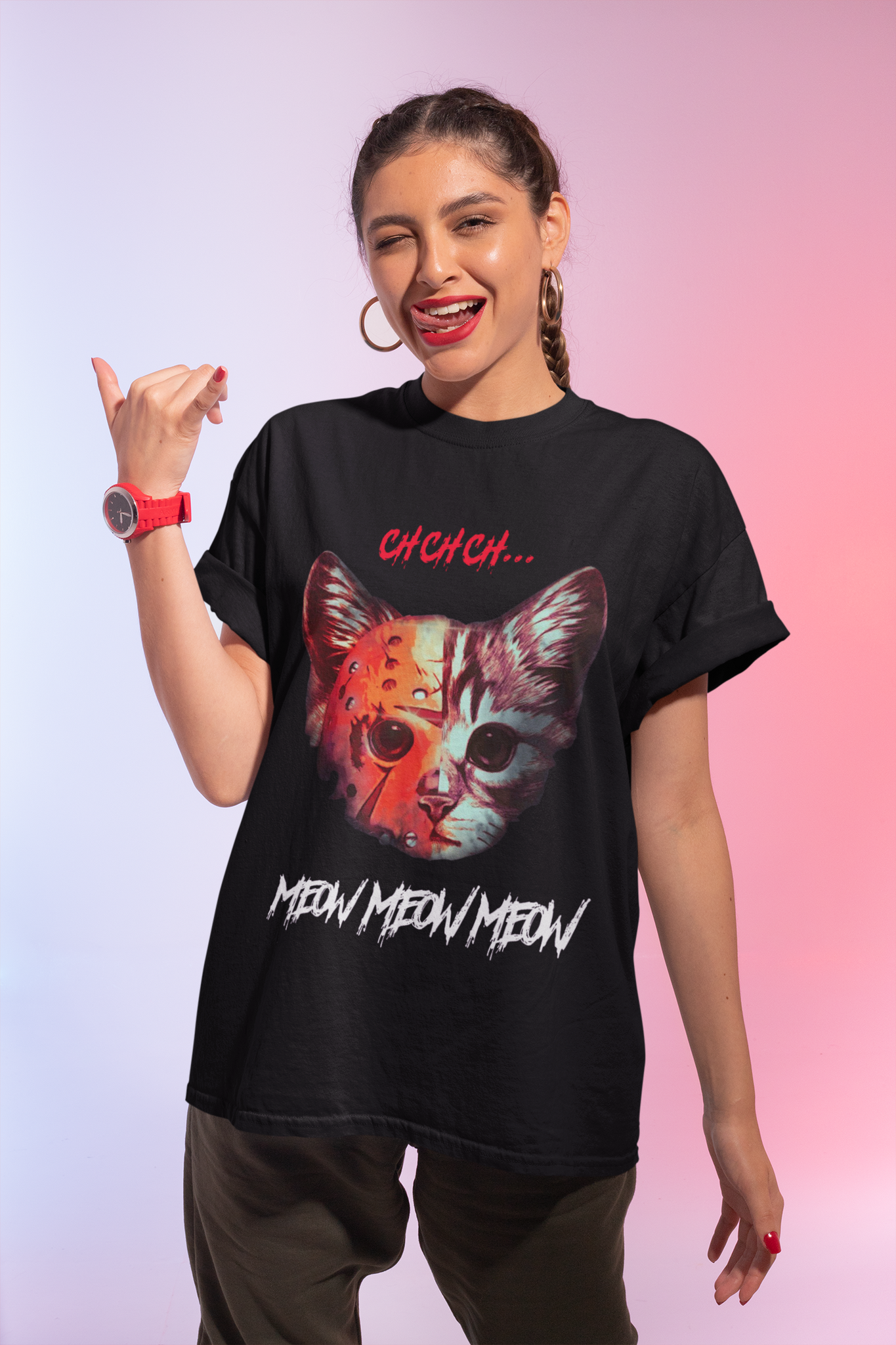 Friday 13th T Shirt, Cat Ch Meow T Shirt, Cat Jason Voorhees Mask Shirt, Halloween Gifts