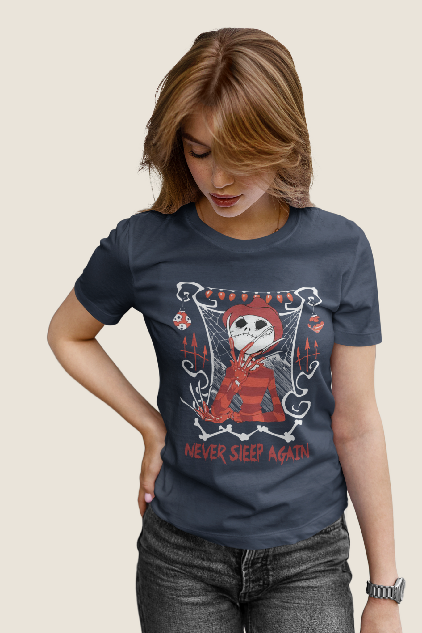 Nightmare Before Christmas T Shirt, Jack Skellington Freddy Krueger Costume T Shirt, Never Sleep Again Tshirt, Halloween Gifts