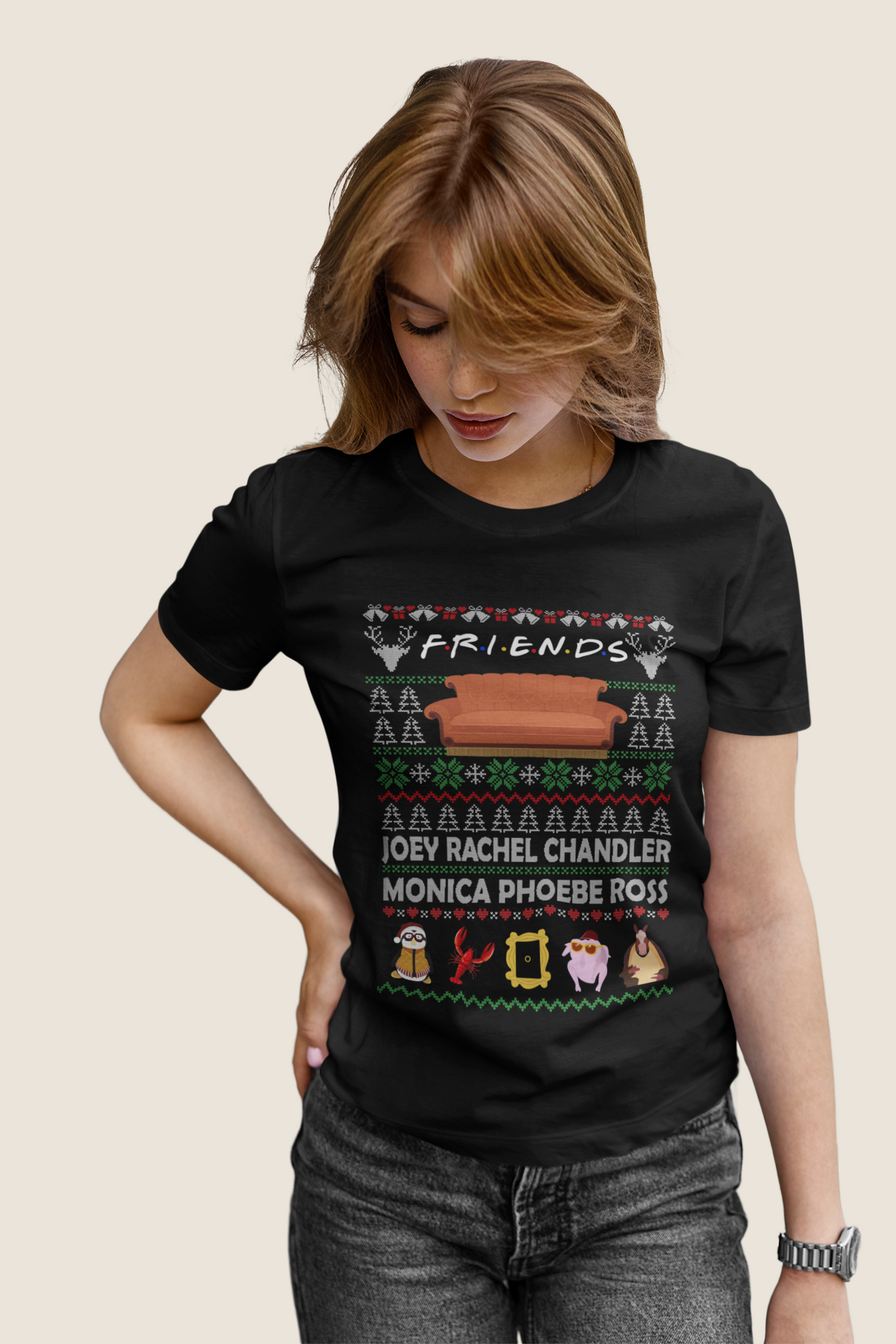 Friends TV Show Ugly Sweater T Shirt, Joey Rachel Chandler Monica Phoebe Ross Tshirt, Christmas Gifts
