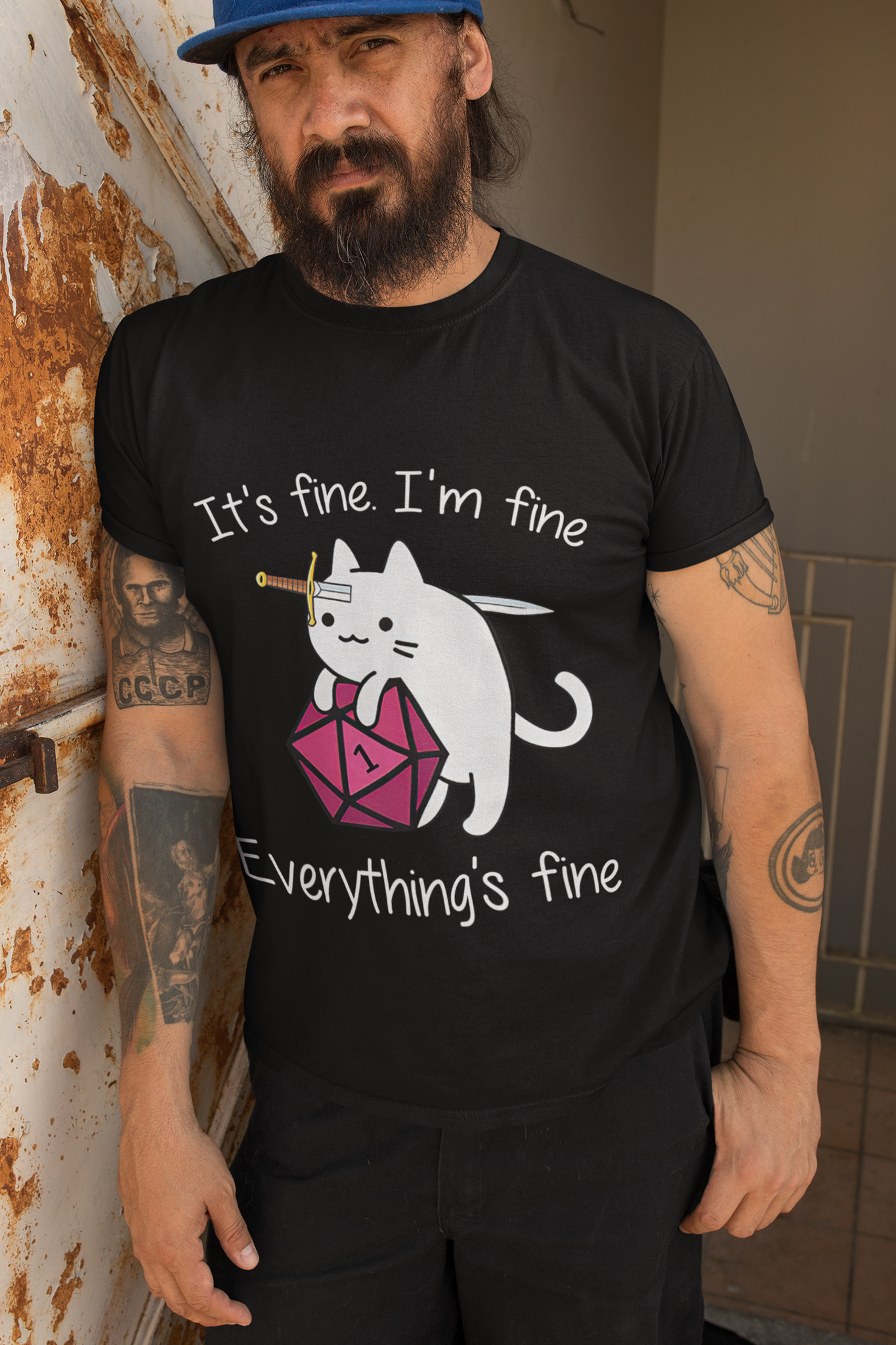 Dungeon And Dragon T Shirt, RPG Dice Games Tshirt, DND Cat Its Fine Im Fine Everythings Fine T Shirt