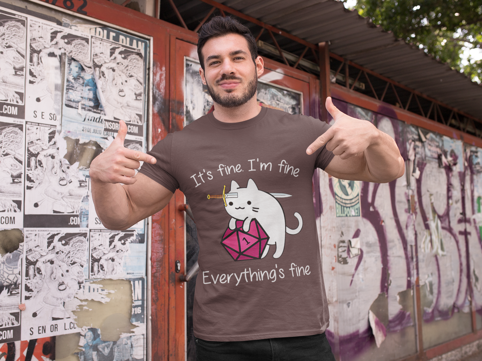 Dungeon And Dragon T Shirt, RPG Dice Games Tshirt, DND Cat Its Fine Im Fine Everythings Fine T Shirt