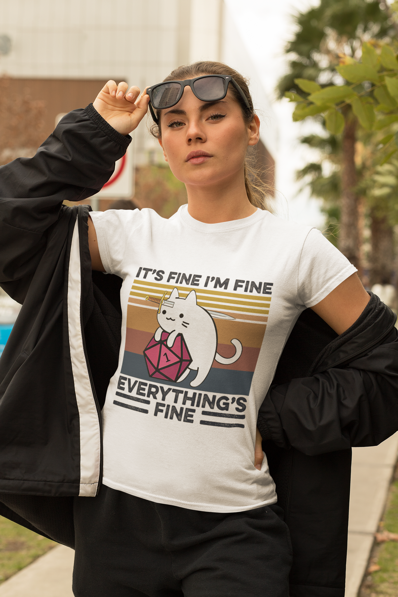 Dungeon And Dragon T Shirt, Cat Its Fine Im Fine Everythings Fine T Shirt, RPG Dice Games Tshirt