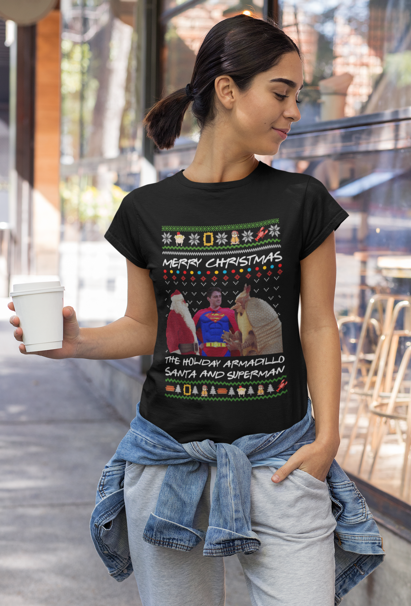 Friends TV Show Ugly Sweater Shirt, Ross Joey T Shirt, Merry Christmas The Holiday Armadillo Santa And Superman Tshirt, Christmas Gifts