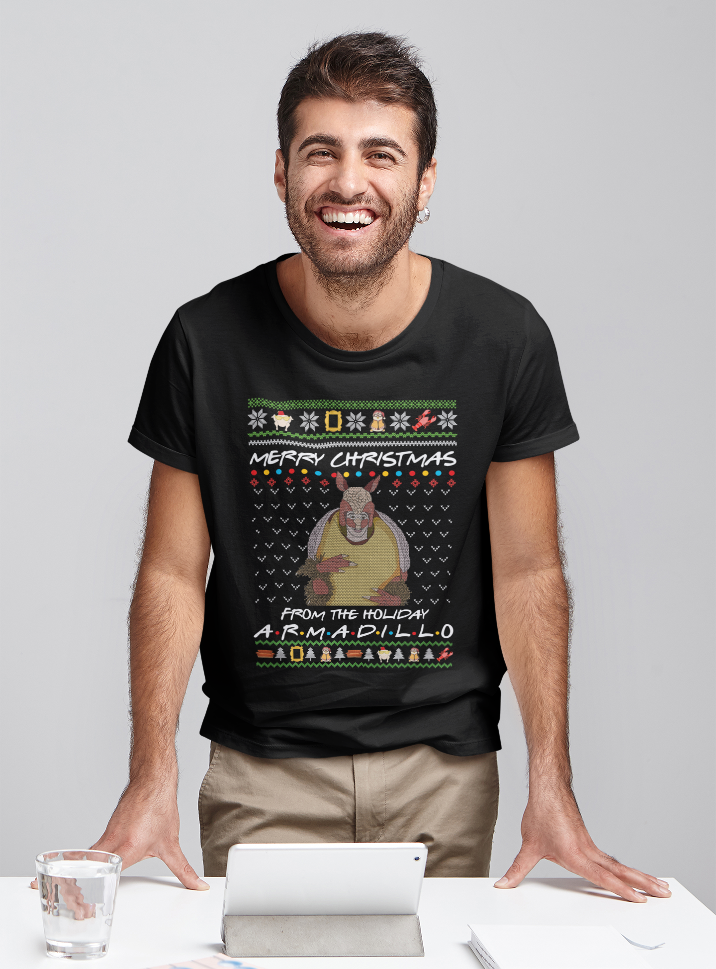 Friends TV Show Ugly Sweater Shirt, Ross Armadillo T Shirt, Merry Christmas The Holiday Armadillo Tshirt, Christmas Gifts