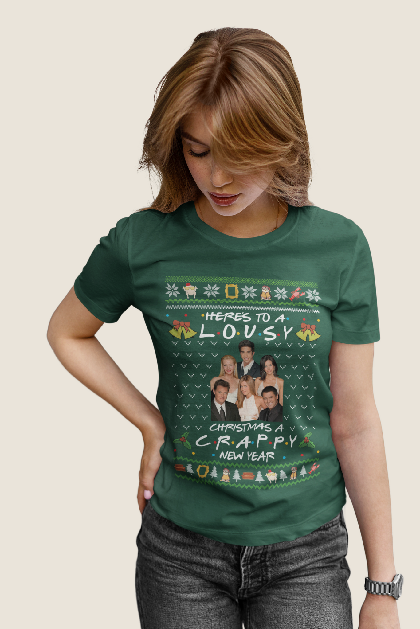 Friends TV Show Ugly Sweater T Shirt, Friends Characters T Shirt, Heres To A Lousy Christmas A Crappy New Year Tshirt, Christmas Gifts