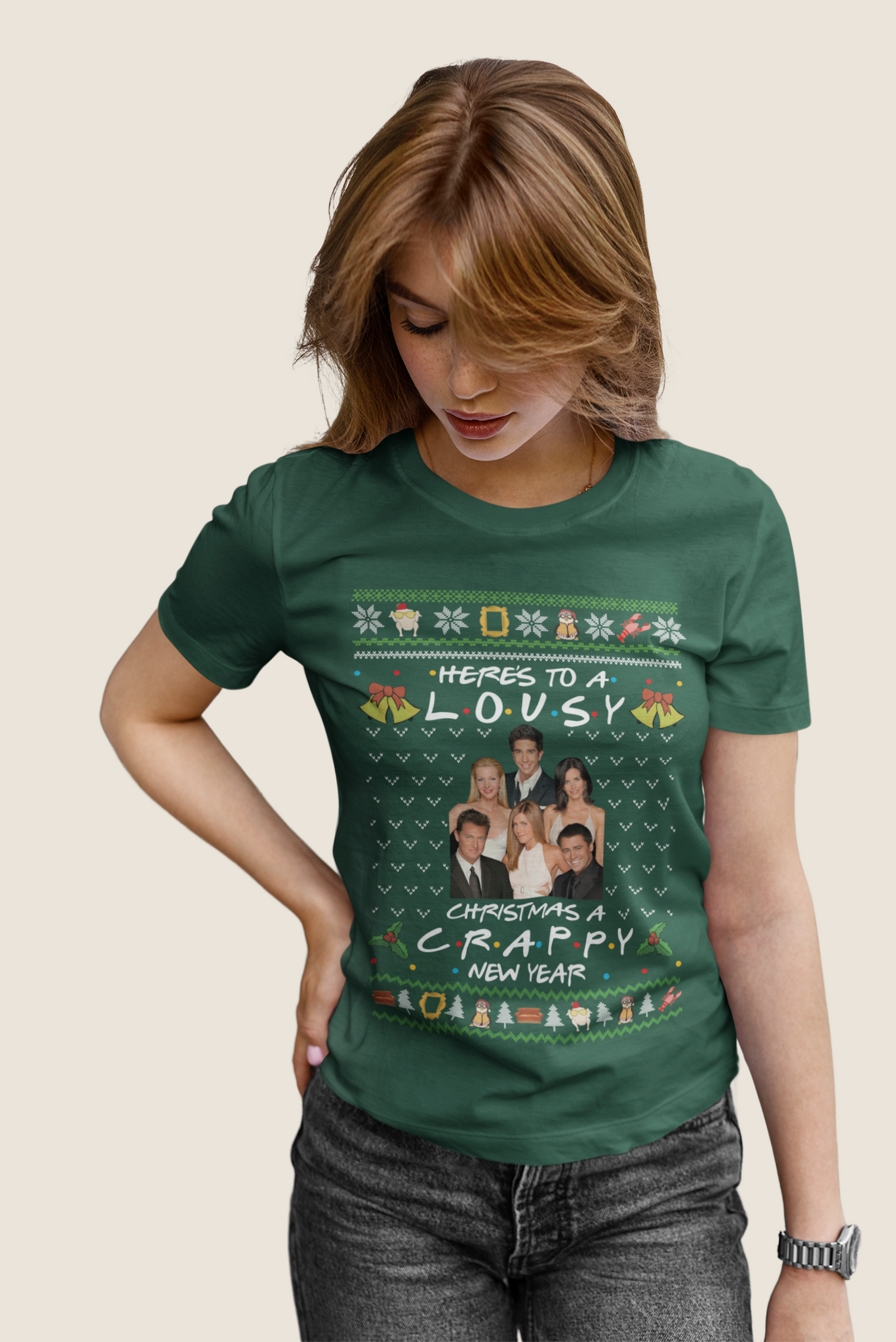 Friends TV Show Ugly Sweater Shirt, Friends Characters T Shirt, Heres To A Lousy Christmas A Crappy New Year Tshirt, Christmas Gifts