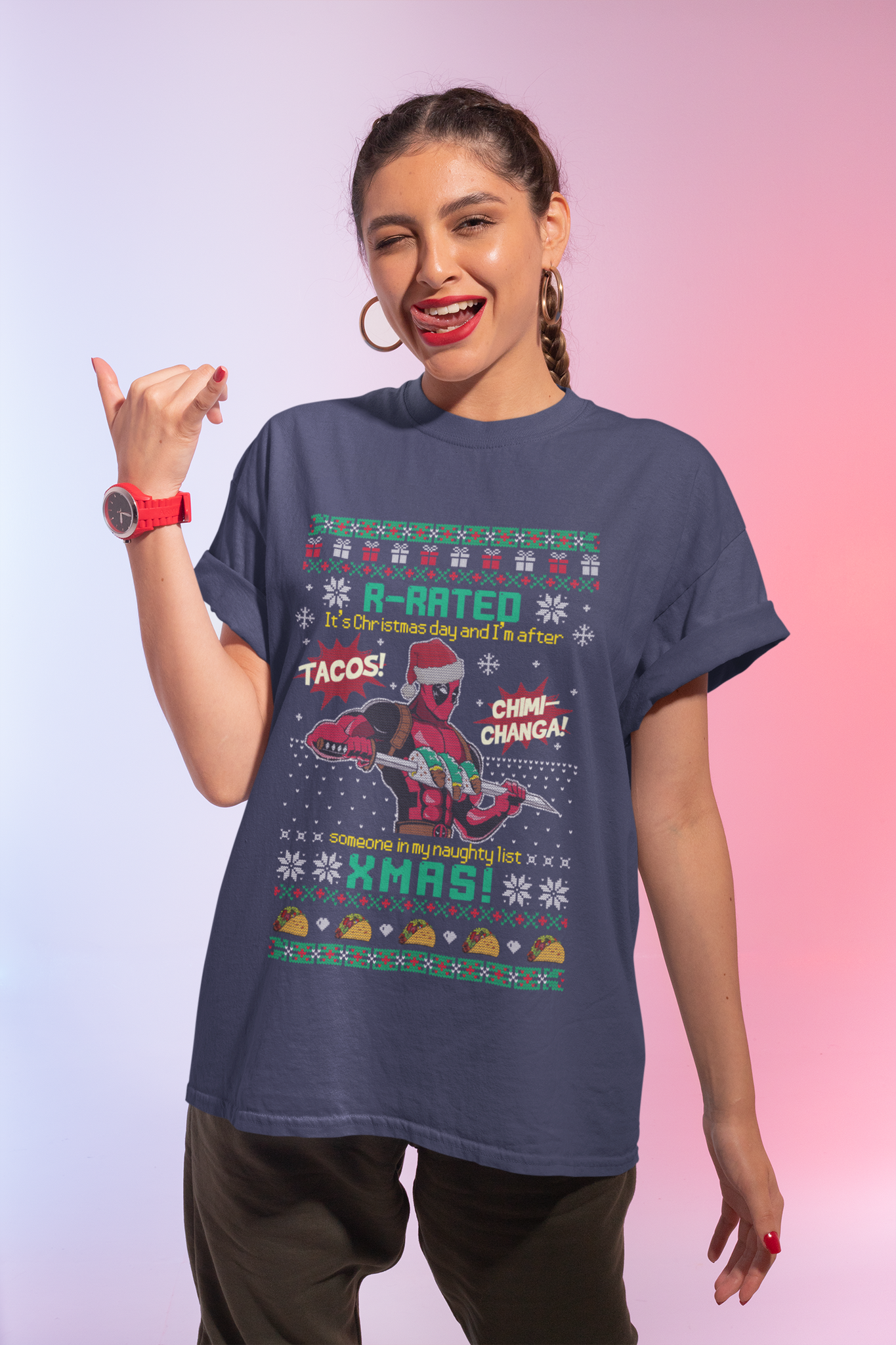 Deadpool Ugly Sweater T Shirt, R Rated Xmas Tshirt, Superhero Deadpool T Shirt, Christmas Gifts