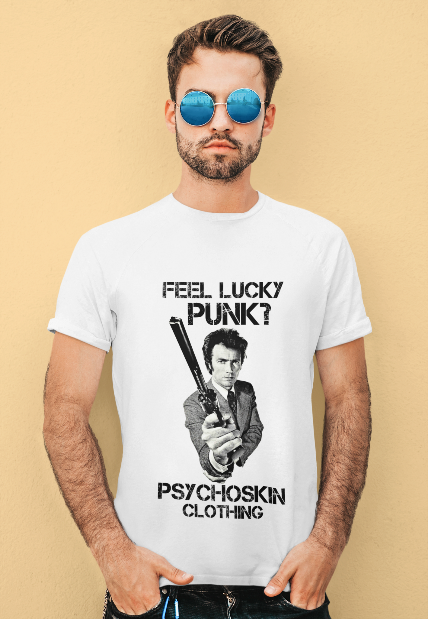 Dirty Harry Movie T Shirt, Harry Callahan T Shirt, Feel Lucky Punk Psychoskin Clothing Tshirt