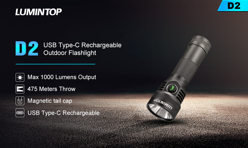Lumintop D2 Type-C Rechargeable Outdoor LED Flashlight Magnetic Tail Cap