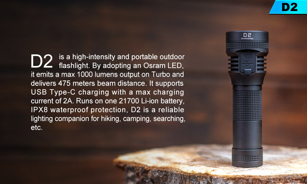 Lumintop D2 Type-C Rechargeable Outdoor LED Flashlight Magnetic Tail Cap