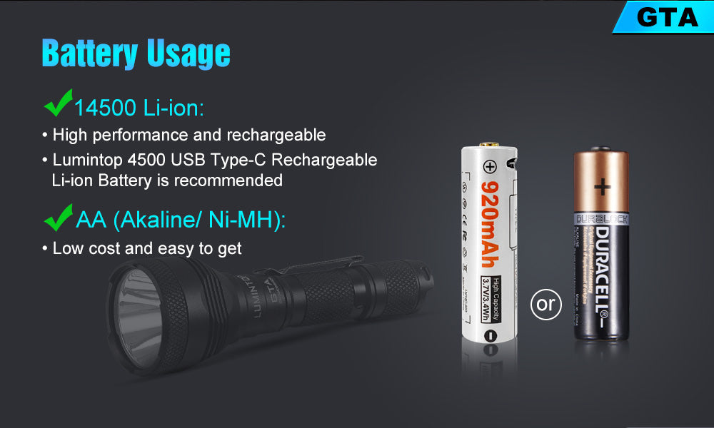 Lumintop® Outdoor Flashlight GTA 585m Throw 550 Lumens 14500 Battery